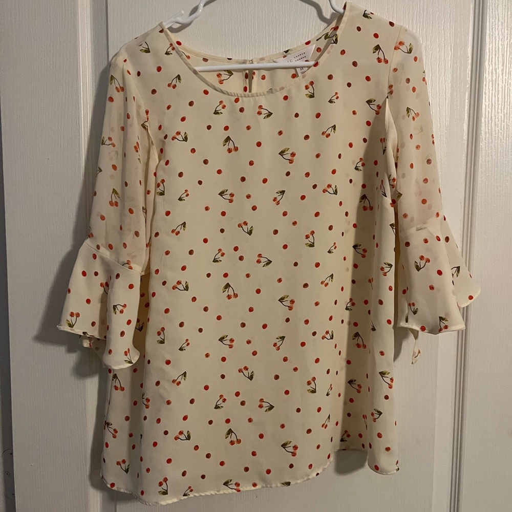 LC Lauren Conrad cherry print 3/4 length sleeve blouse with ties